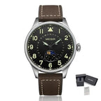 MEGIR 4193 men's moon-phase watch, silver case with black pilot dial and brown leather strap, with gift box