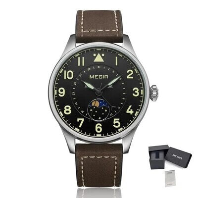 MEGIR 4193 men's moon-phase watch, silver case with black pilot dial and brown leather strap, with gift box