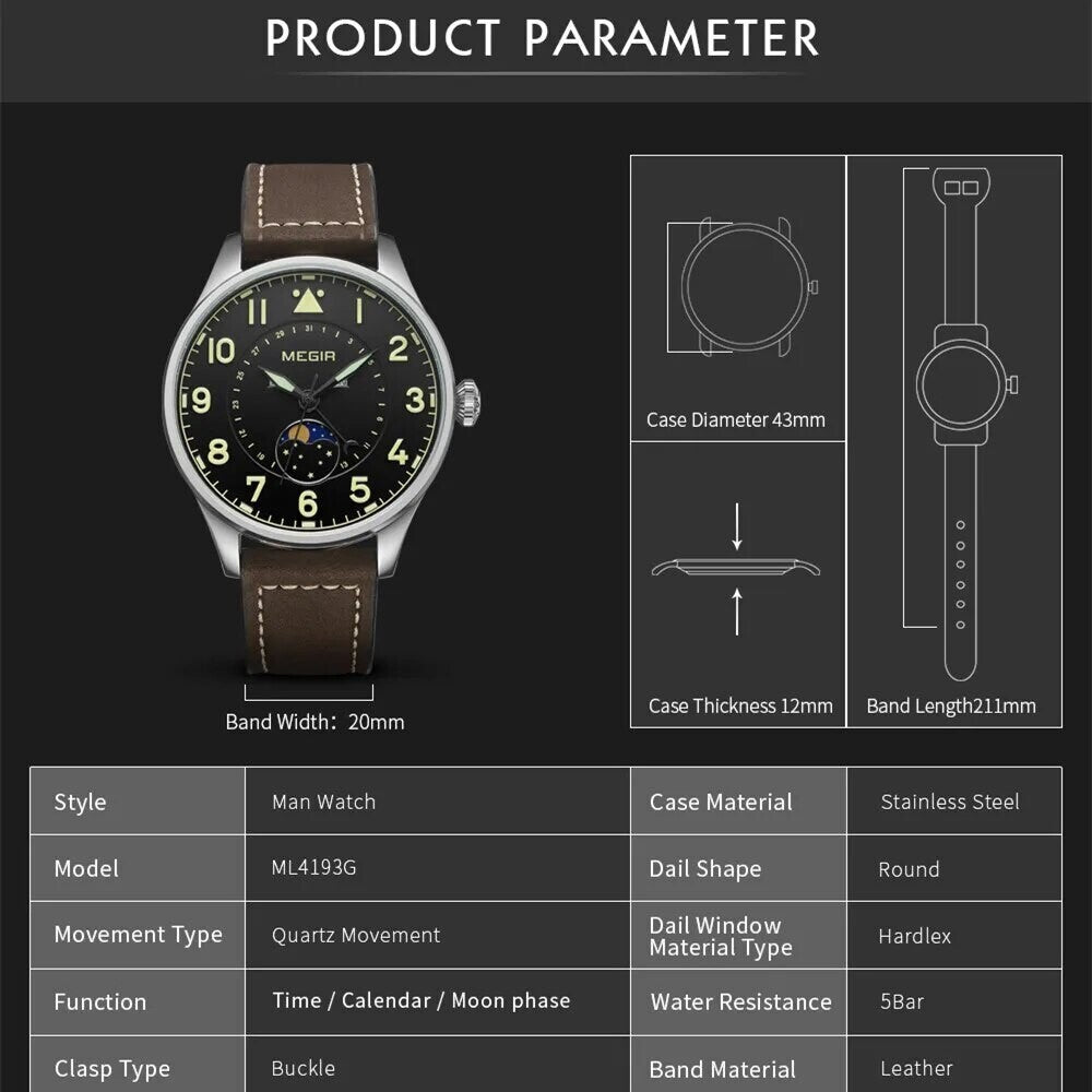 MEGIR 4193 men's moon-phase watch parameters graphic with case diameter, thickness and band dimensions