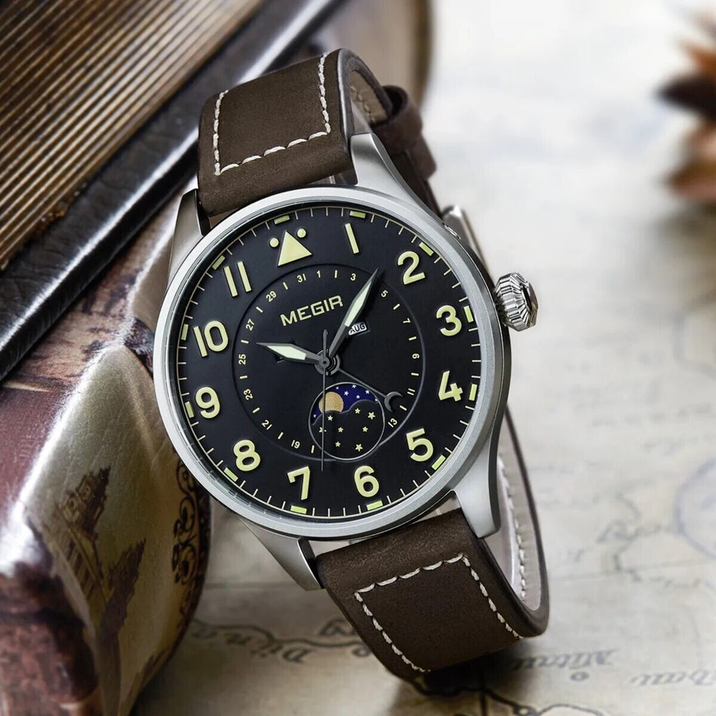 MEGIR 4193 men's moon-phase watch, silver case with black dial, moon-phase sub-dial and brown leather strap