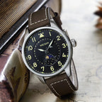 MEGIR 4193 men's moon-phase watch, silver case with black dial, moon-phase sub-dial and brown leather strap