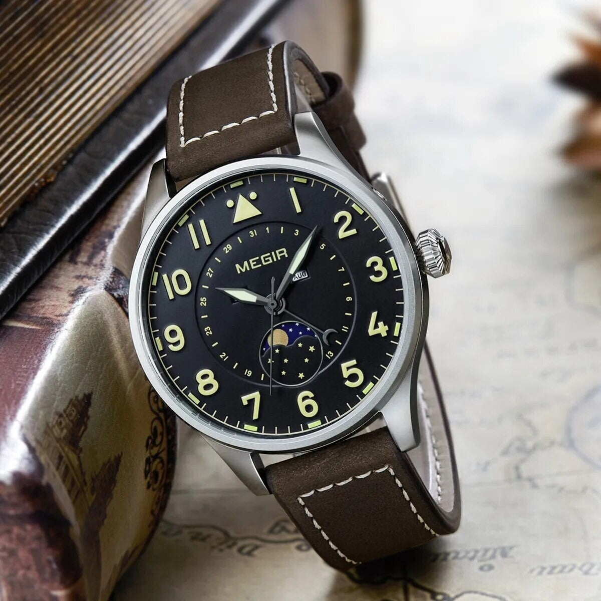 MEGIR 4193 men's moon-phase watch, silver case with black dial, moon-phase sub-dial and brown leather strap