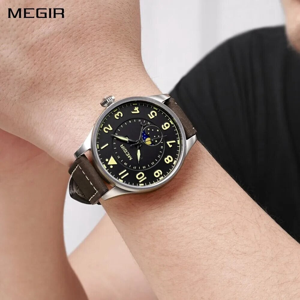 MEGIR 4193 men's moon-phase watch on the wrist, silver case with black dial and brown leather strap