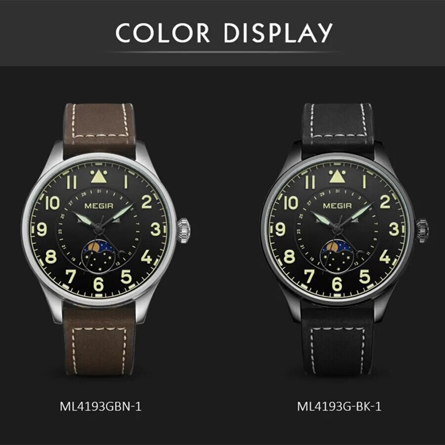MEGIR 4193 men's moon-phase watch color display showing silver case with brown strap and black case with black strap