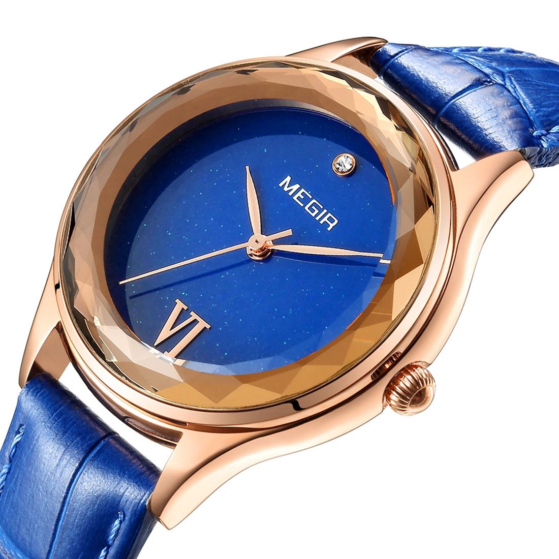 MEGIR 4208 women's quartz watch close-up, rose-gold faceted case with blue starry dial and blue leather strap
