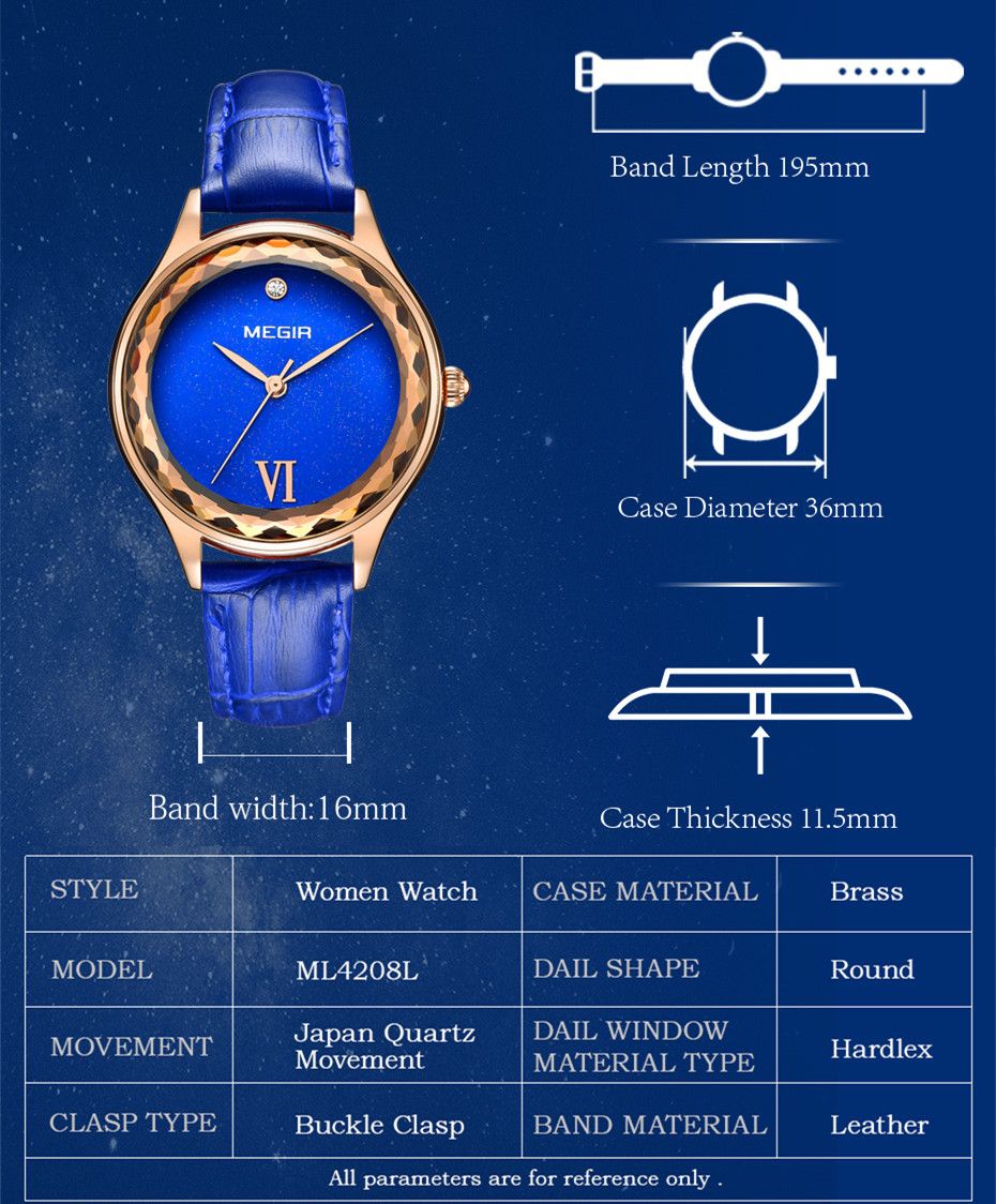 MEGIR 4208 women's quartz watch parameters graphic with case diameter, thickness and band dimensions