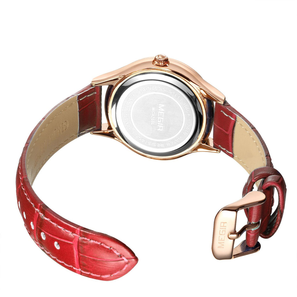 MEGIR 4208 women's quartz watch caseback with engravings, rose-gold case, red leather strap and buckle