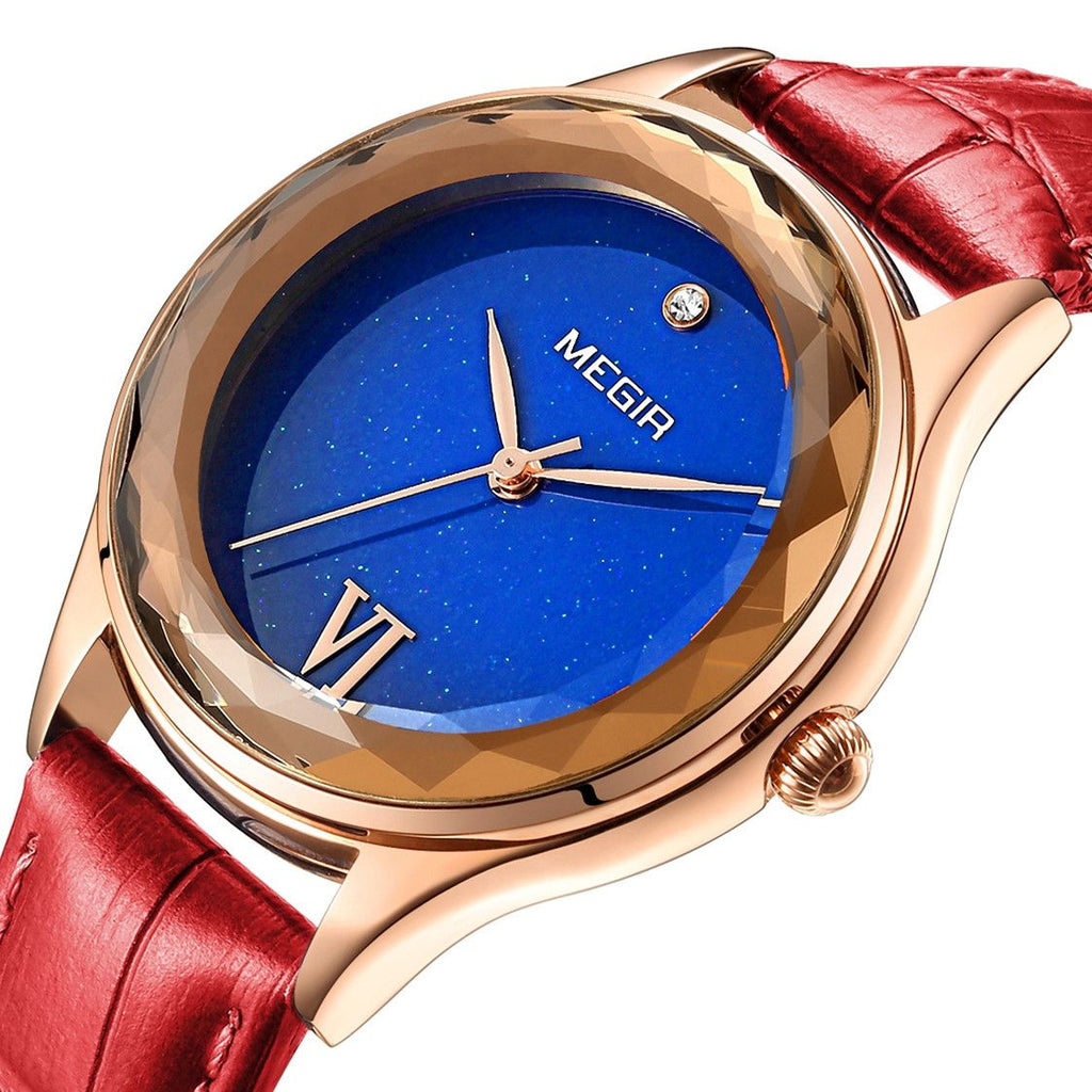 MEGIR 4208 women's quartz watch close-up, rose-gold faceted case with blue starry dial and red leather strap