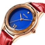 MEGIR 4208 women's quartz watch close-up, rose-gold faceted case with blue starry dial and red leather strap