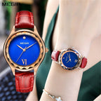 MEGIR 4208 women's quartz watch, rose-gold faceted case with blue dial and red leather strap, with wrist view