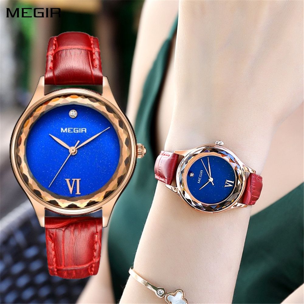 MEGIR 4208 women's quartz watch, rose-gold faceted case with blue dial and red leather strap, with wrist view