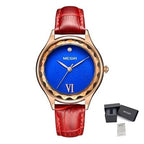MEGIR 4208 women's quartz watch, rose-gold faceted case with blue starry dial and red leather strap