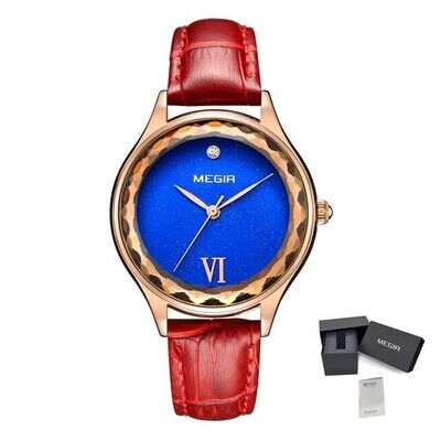 MEGIR 4208 women's quartz watch, rose-gold faceted case with blue starry dial and red leather strap
