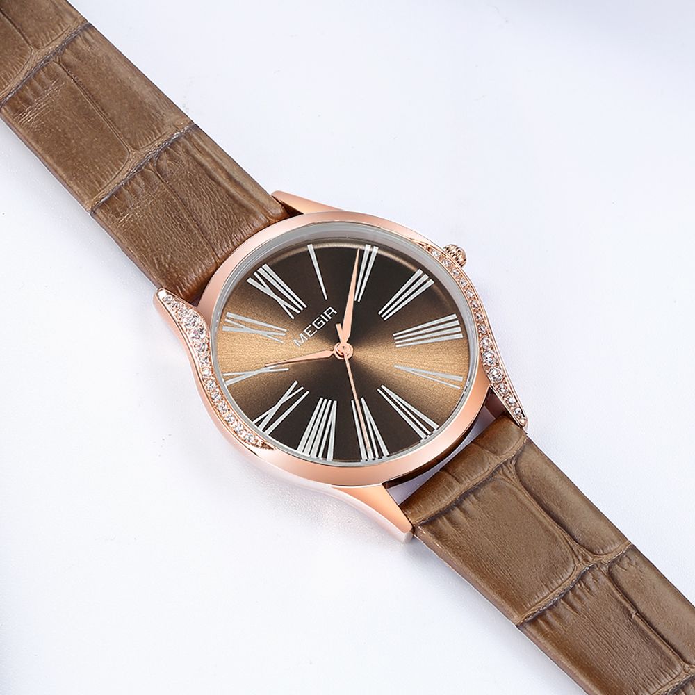 MEGIR 4212 women's quartz watch, rose-gold case with brown dial and brown leather strap, angled view