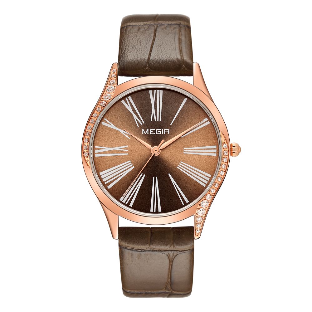 MEGIR 4212 women's quartz watch, rose-gold case with brown dial, Roman numerals and brown leather strap