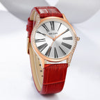 MEGIR 4212 women's quartz watch, rose-gold case with white dial and red leather strap, angled view