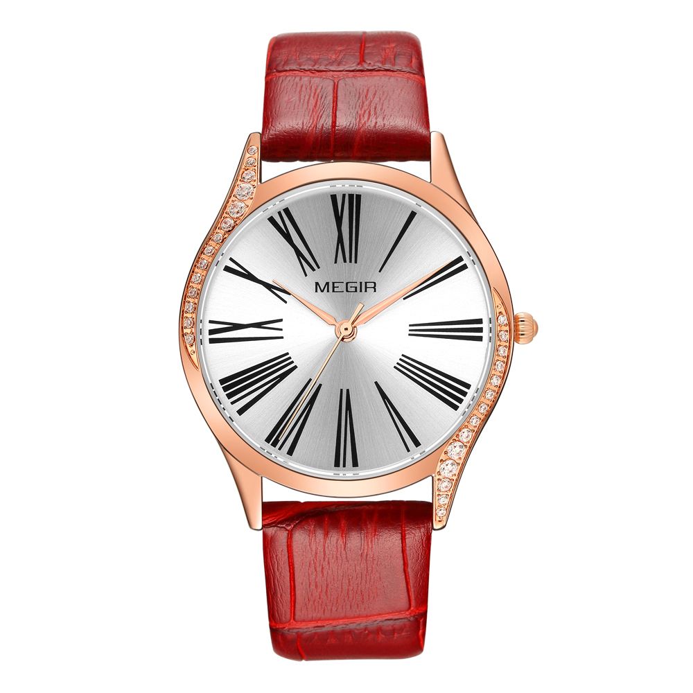 MEGIR 4212 women's quartz watch, rose-gold case with white dial, Roman numerals and red leather strap