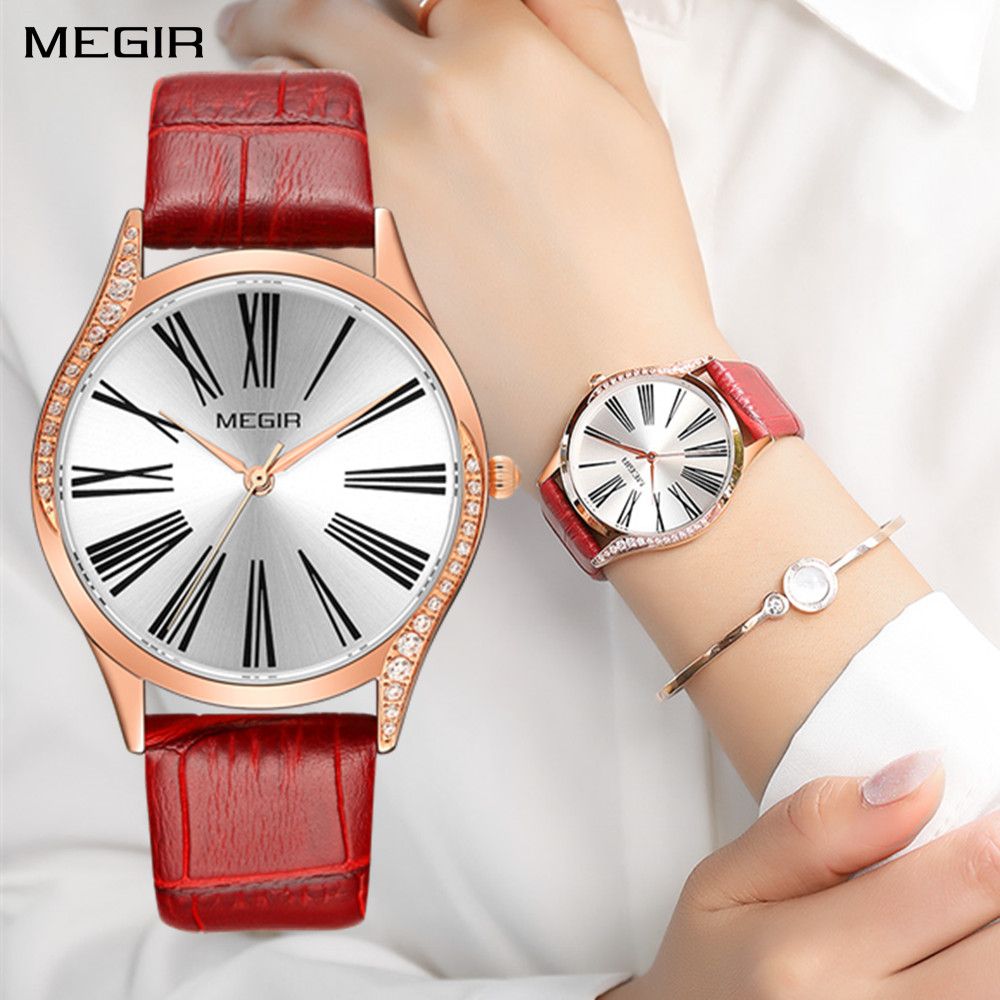 MEGIR 4212 women's quartz watch on the wrist, rose-gold case with white dial and red leather strap