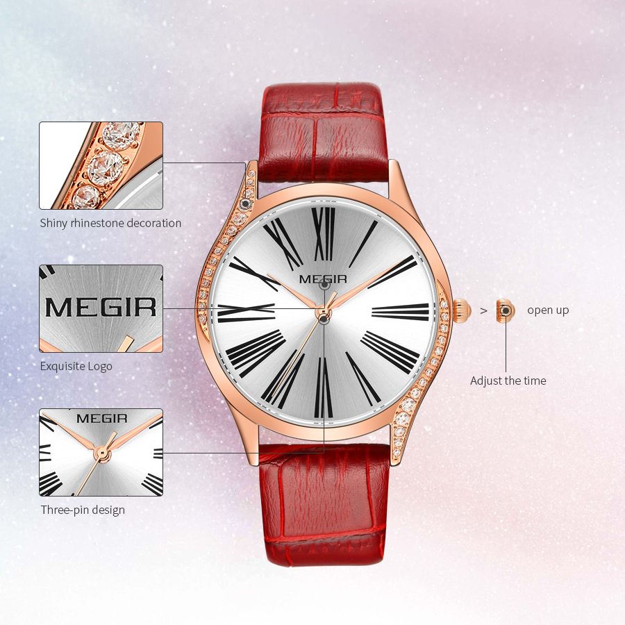 MEGIR 4212 women's quartz watch feature graphic showing rhinestone-set lugs, logo and three-hand design