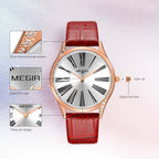 MEGIR 4212 women's quartz watch feature graphic showing rhinestone-set lugs, logo and three-hand design
