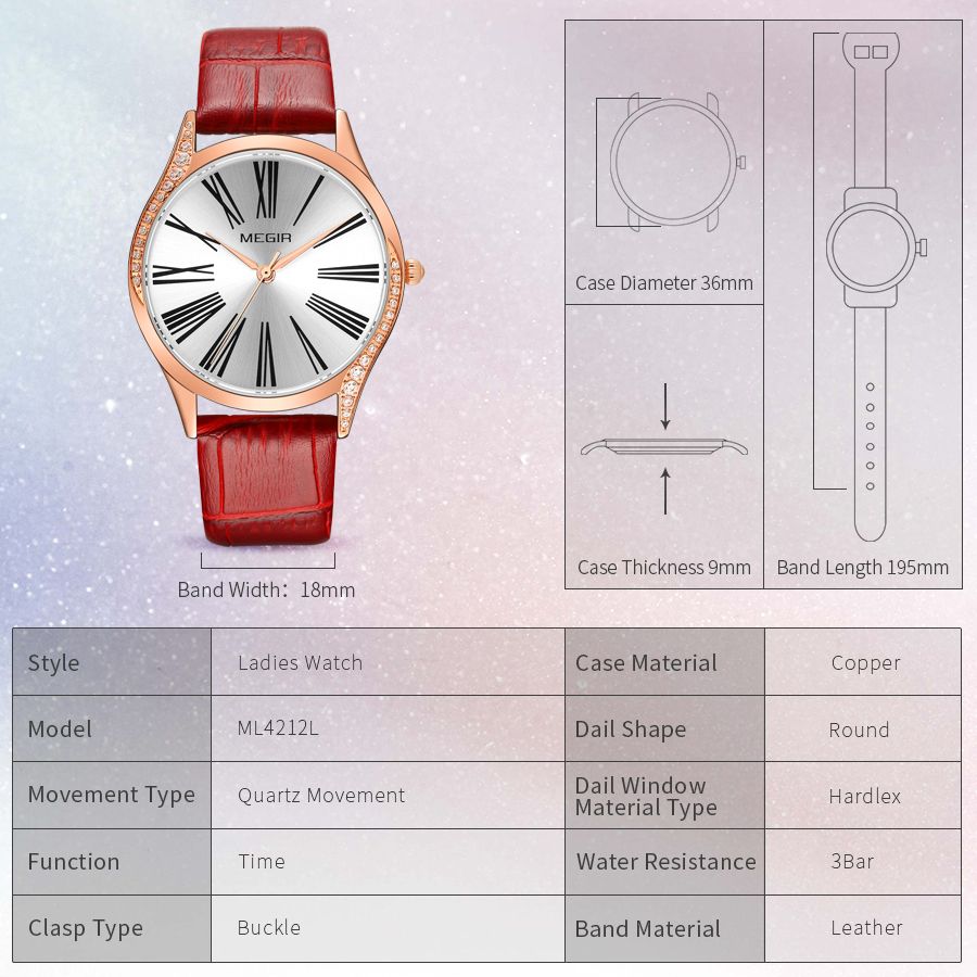 MEGIR 4212 women's quartz watch parameters graphic with case diameter, thickness and band dimensions