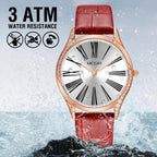 MEGIR 4212 women's quartz watch water-resistance feature graphic, rose-gold case with red leather strap