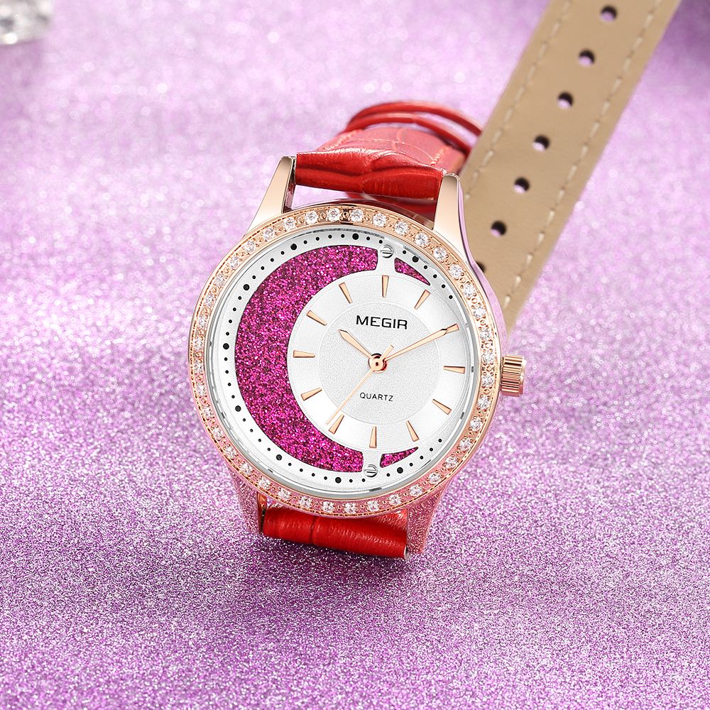 MEGIR 4218 women's quartz watch, rose-gold case with glitter crescent dial and red leather strap, angled view