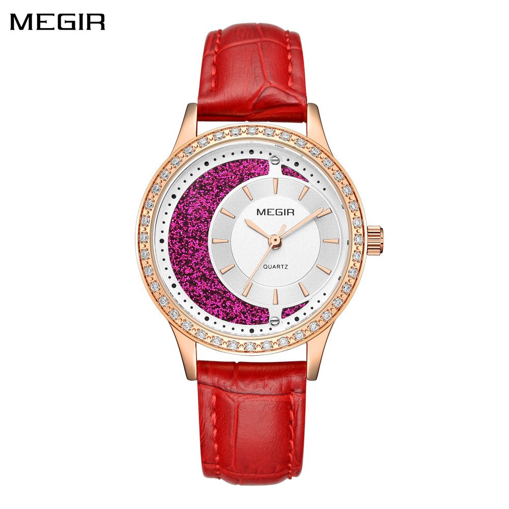 MEGIR 4218 women's quartz watch, rose-gold case with white and magenta glitter dial and red leather strap