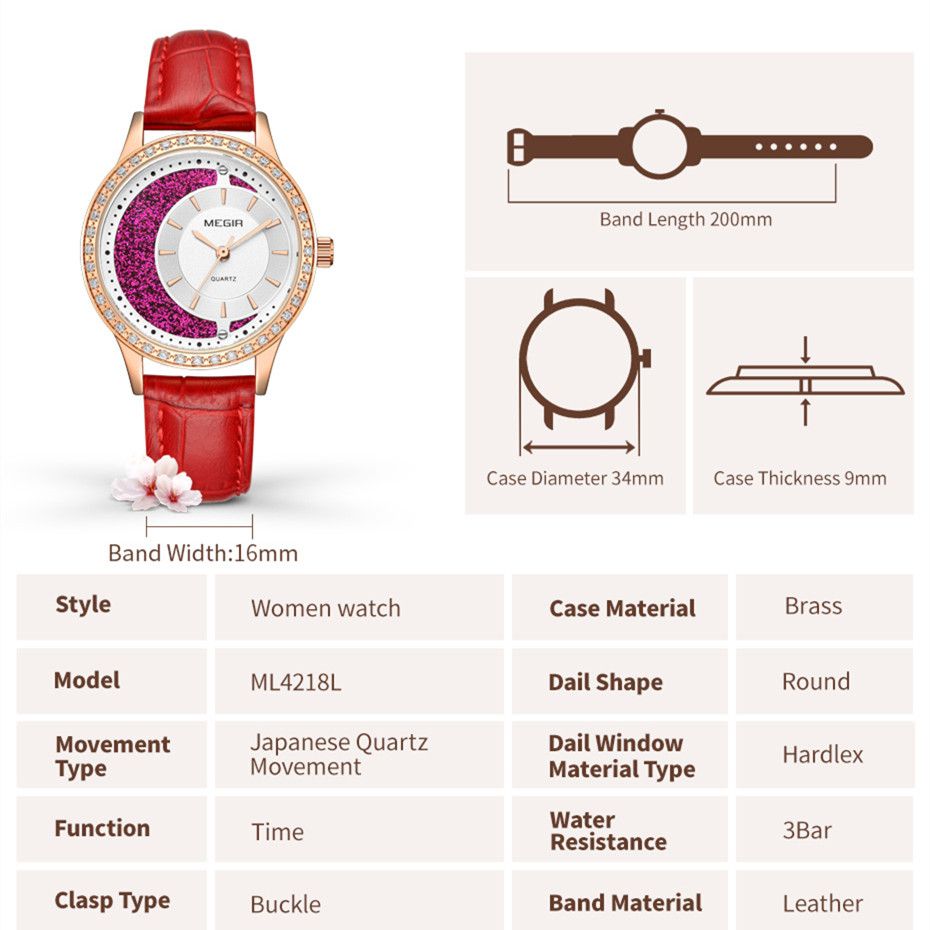 MEGIR 4218 women's quartz watch parameters graphic with case diameter, thickness and band dimensions