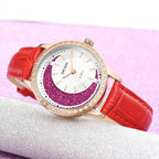 MEGIR 4218 women's quartz watch, rose-gold case with white and magenta glitter dial and red leather strap
