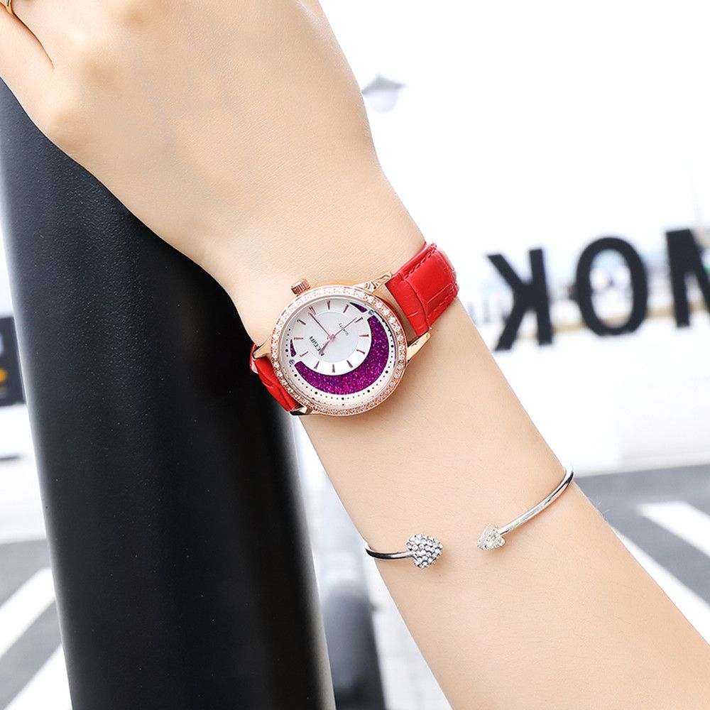 MEGIR 4218 women's quartz watch on the wrist, rose-gold case with glitter crescent dial and red leather strap