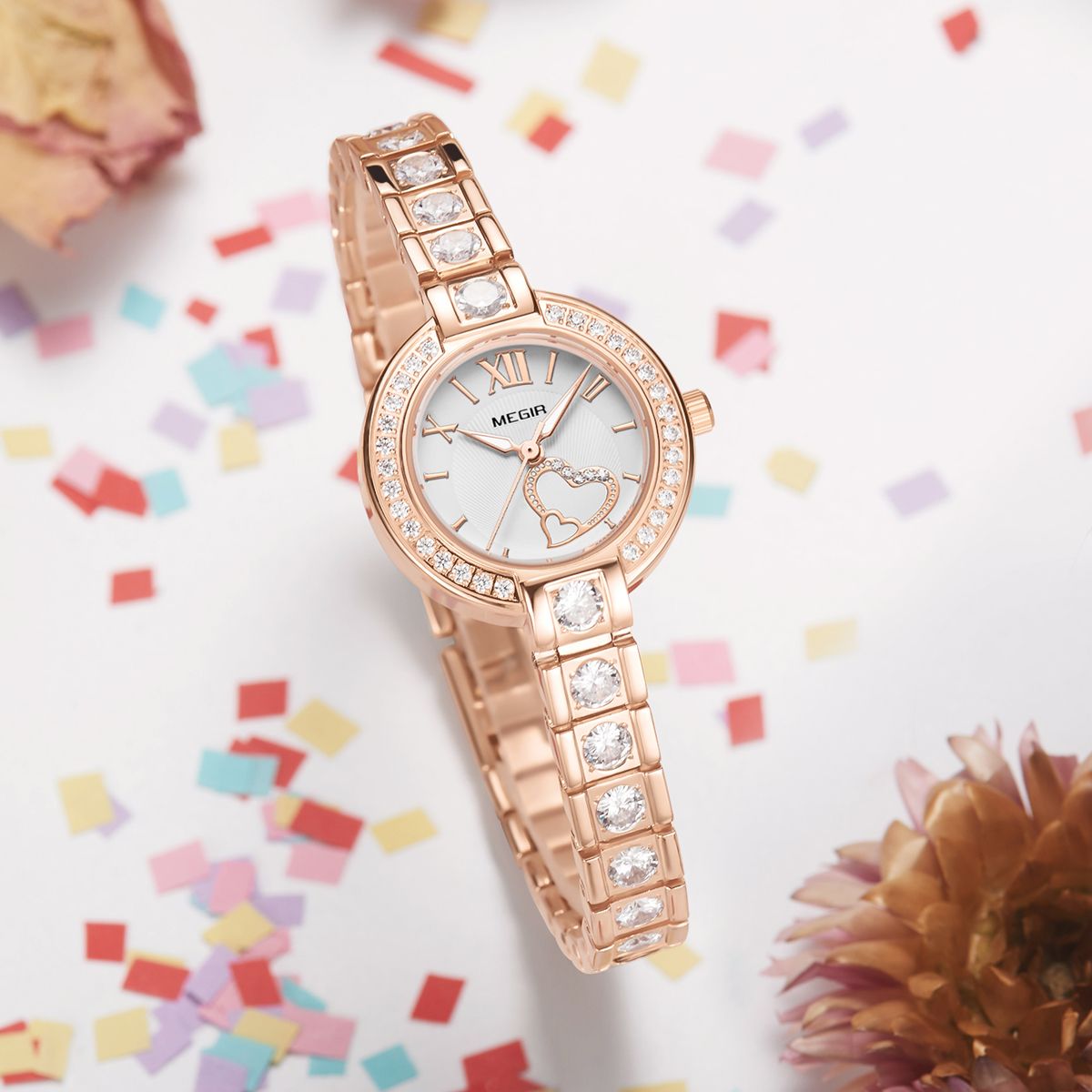 MEGIR 4219 women's quartz watch, rose-gold case and crystal-set bracelet with white dial, angled view