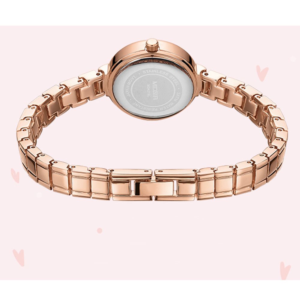 MEGIR 4219 women's quartz watch caseback with engravings, rose-gold crystal-set bracelet and clasp