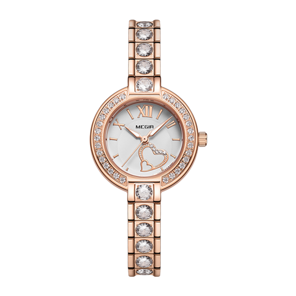 MEGIR 4219 women's quartz watch, rose-gold case and crystal-set bracelet with white dial and heart accent