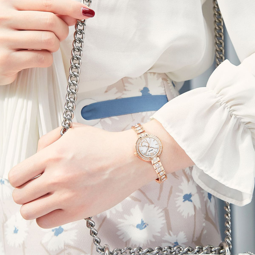 MEGIR 4219 women's quartz watch on the wrist, rose-gold crystal-set bracelet, with chain handbag