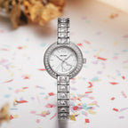 MEGIR 4219 women's quartz watch, silver case and crystal-set bracelet with white dial, angled view