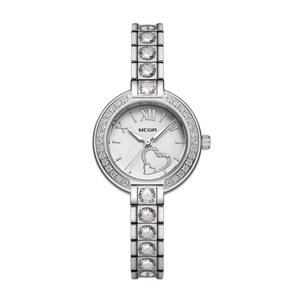 MEGIR 4219 women's quartz watch, silver case and crystal-set bracelet with white dial and heart accent