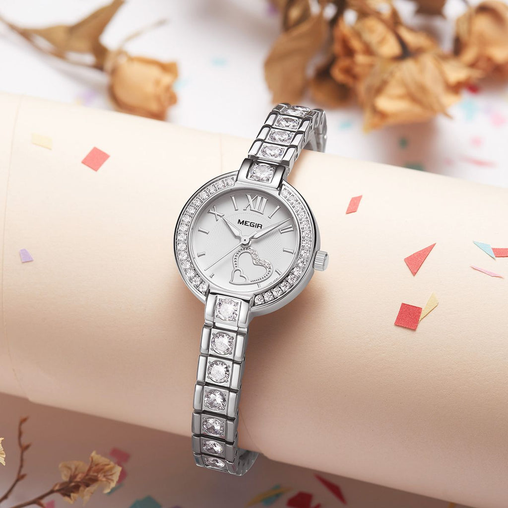 MEGIR 4219 women's quartz watch, silver case and crystal-set bracelet with white dial and heart accent