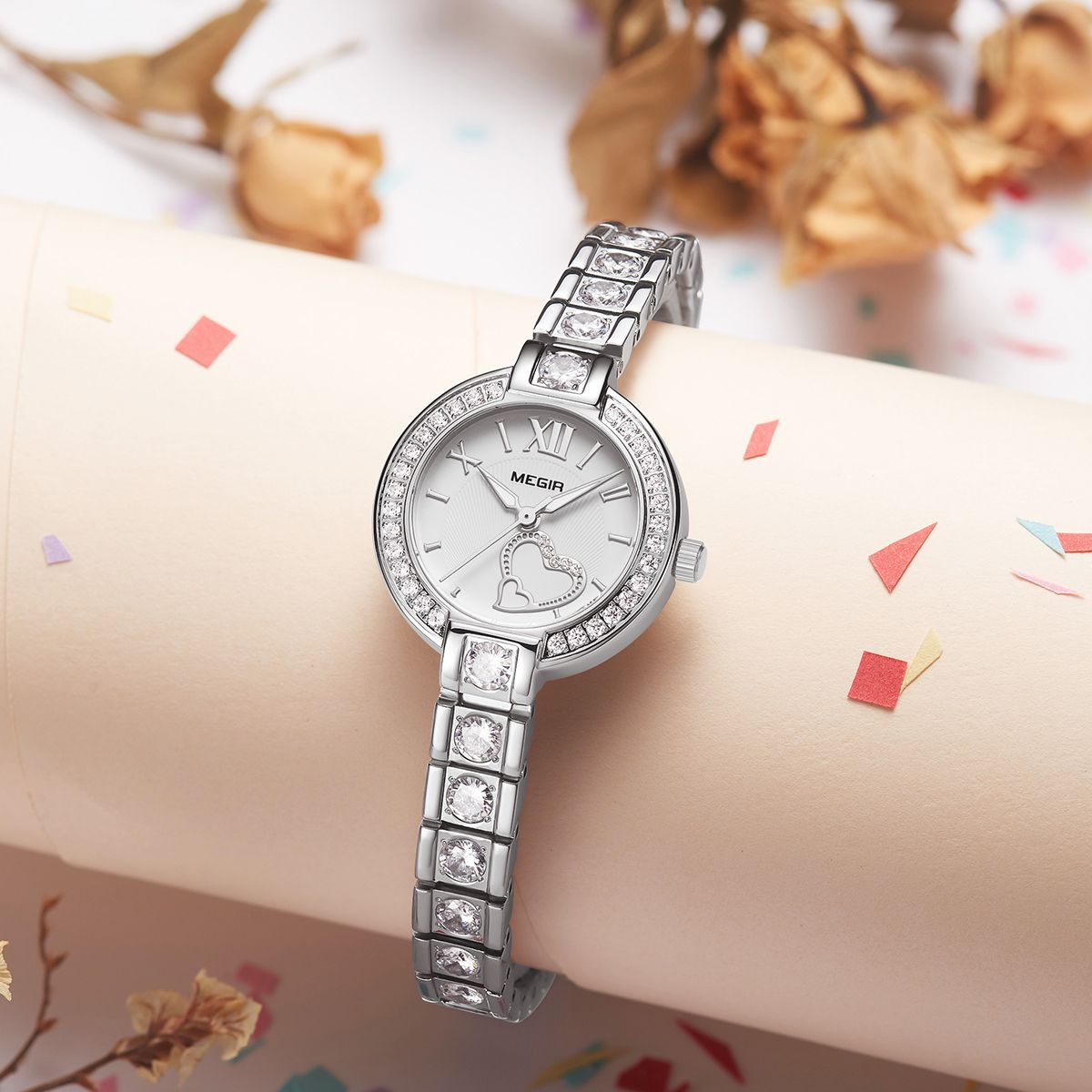 MEGIR 4219 women's quartz watch, silver case and crystal-set bracelet with white dial and heart accent