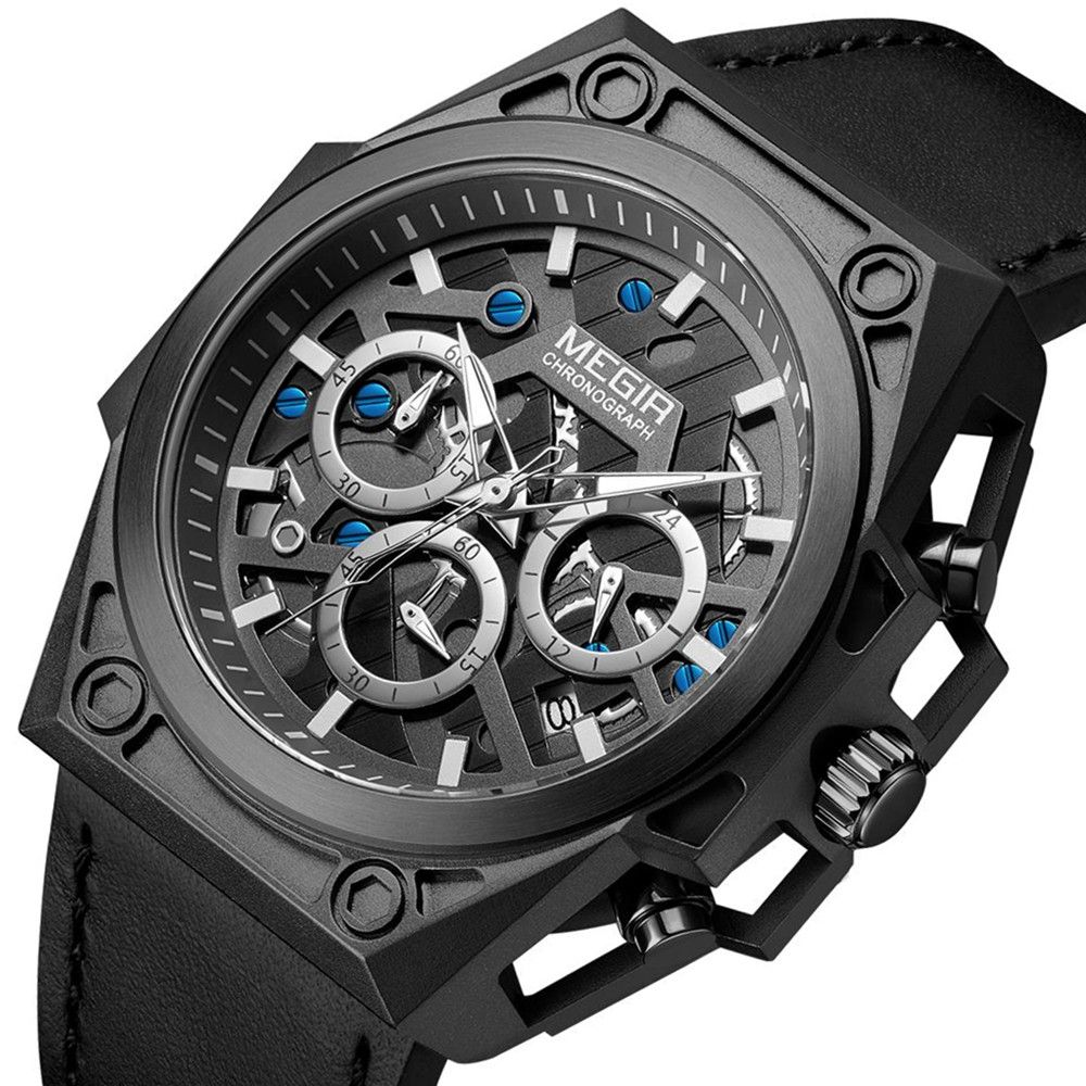 MEGIR 4220 men's chronograph watch, black case with grey skeleton dial and black leather strap, angled view