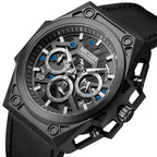 MEGIR 4220 men's chronograph watch, black case with grey skeleton dial and black leather strap, angled view