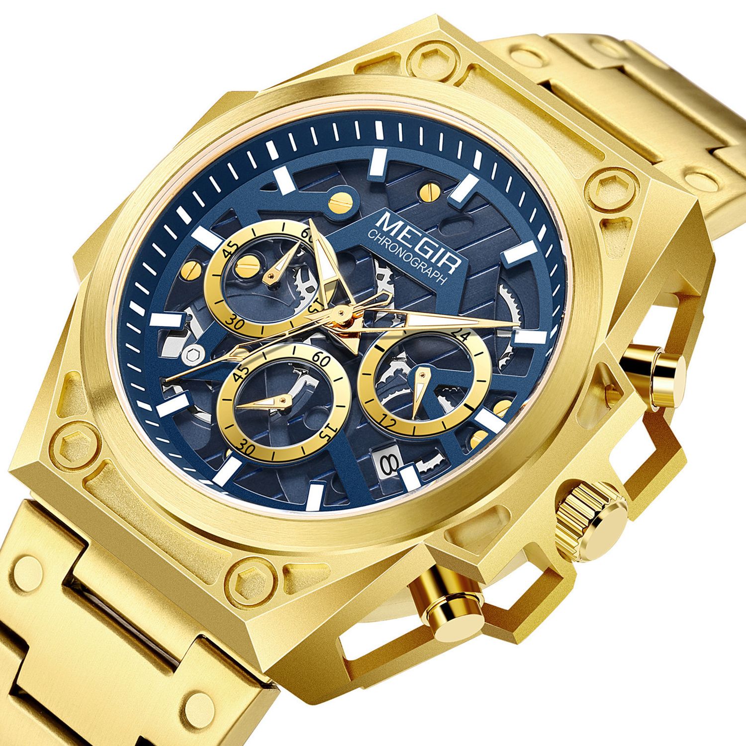MEGIR 4220 men's chronograph watch, gold-tone case with blue skeleton dial and steel bracelet, angled view