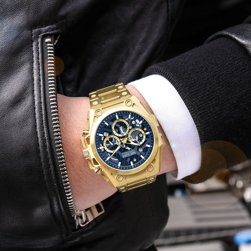 MEGIR 4220 men's chronograph watch on the wrist, gold-tone case with blue skeleton dial and steel bracelet