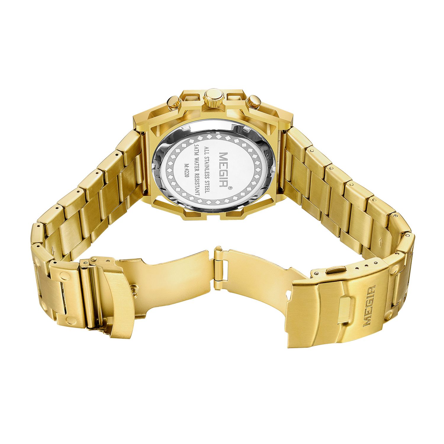 MEGIR 4220 men's chronograph watch caseback with engravings, gold-tone case and steel bracelet with clasp