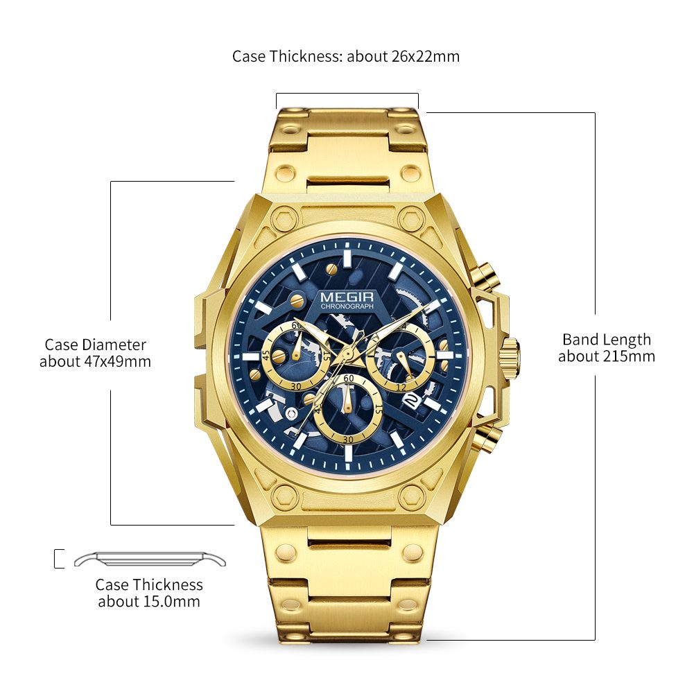 MEGIR 4220 men's chronograph watch parameters graphic with case diameter, thickness and band length