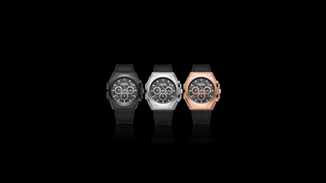 MEGIR 4220 men's chronograph watch lineup showing black, silver and rose-gold cases on black leather straps