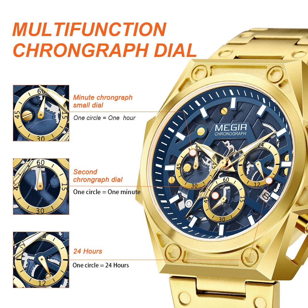 MEGIR 4220 men's chronograph watch feature graphic explaining the multifunction chronograph sub-dials