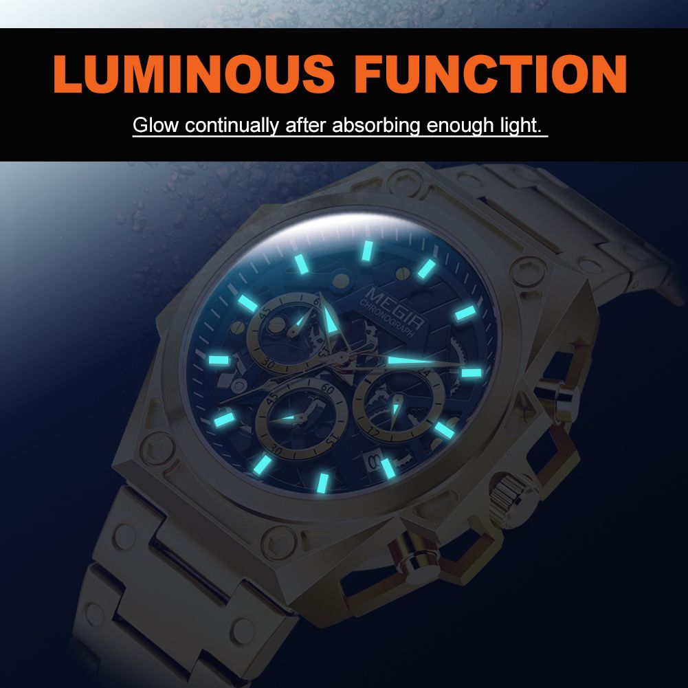 MEGIR 4220 men's chronograph watch feature graphic showing luminous hands and markers glowing in the dark