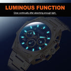 MEGIR 4220 men's chronograph watch feature graphic showing luminous hands and markers glowing in the dark