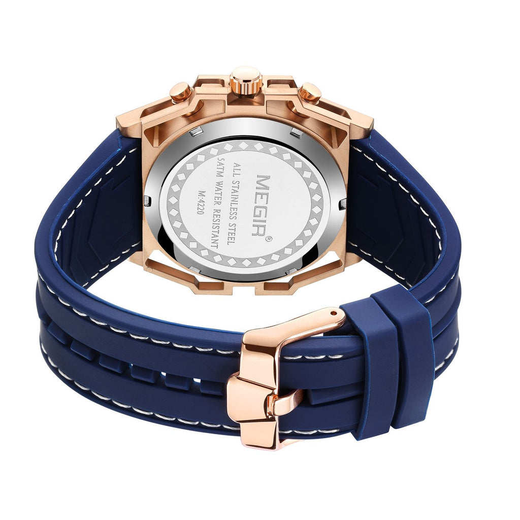 MEGIR 4220 men's chronograph watch caseback with engravings, rose-gold case and blue silicone strap